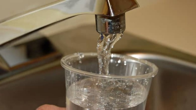 Water pours into a plastic cup from a kitchen faucet.