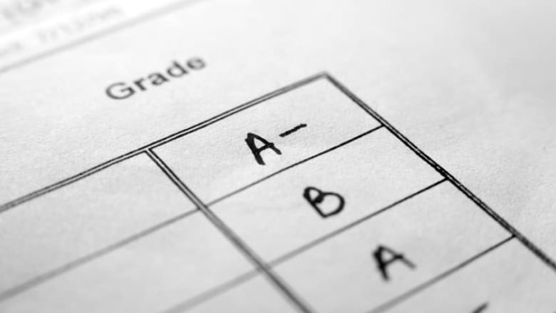 A report card shows several letter grades: A-, B and A.