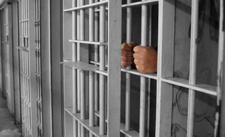 A photo showing a prisoner holding onto the bars of their jail cell.