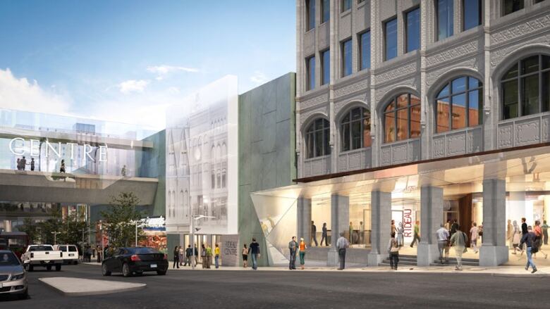 A digital rendering of a shopping mall with an external covered walkway over a street.