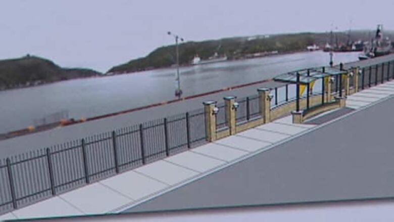 An artist's concept shows metallic bars along a harbourfront