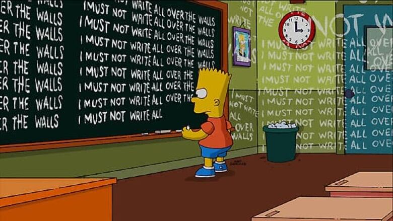 An animated Bart Simpson in front of a chalkboard covered in the phrase 