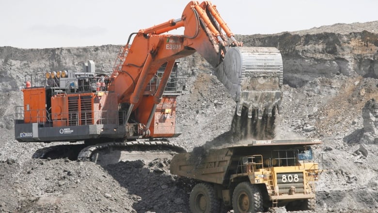 A very large excavator puts a load of earth into a very large dump truck at an industrial site.