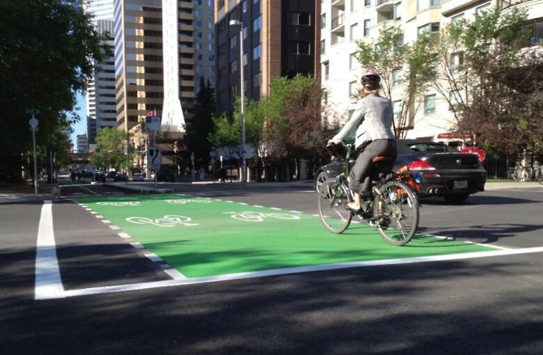 A woman on a bicycle rides in a special bike lane on a downtown street during summertime.