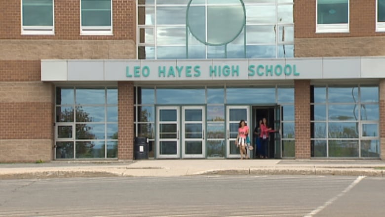 The exterior main entrance to Leo Hayes High School in Fredericton.