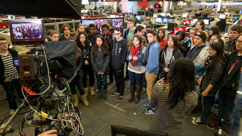 Students go behind the scenes on a tour of CBC Vancouver's integrated newsroom. 