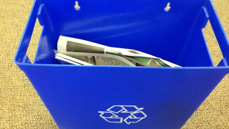 A small recycling bin with newspapers in it