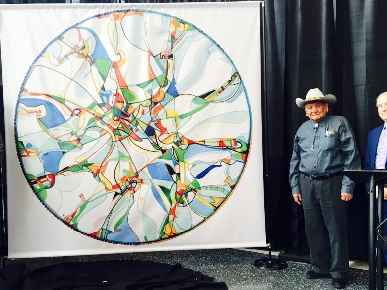 An Indigenous man stands next to a large canvas displaying a brightly coloured piece of art. 