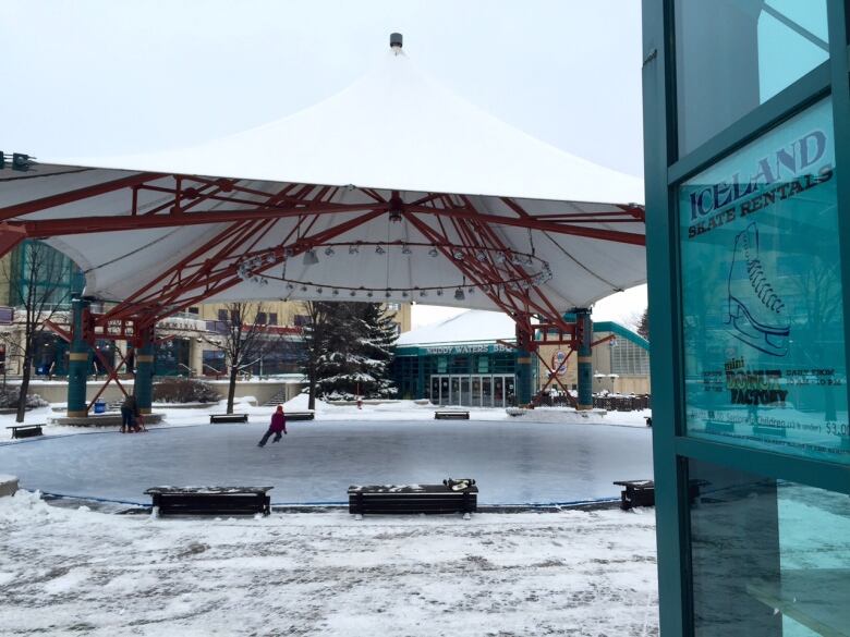 A skating rink is shown beneath a canopy.