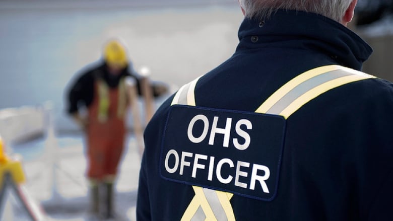 A man stands wearing a blue jacket with a yellow X and the words OHS officer on the back of the jacket.