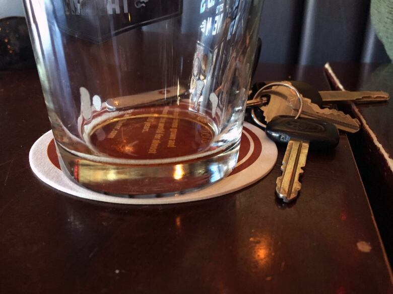 An empty glass and keys on a table. 