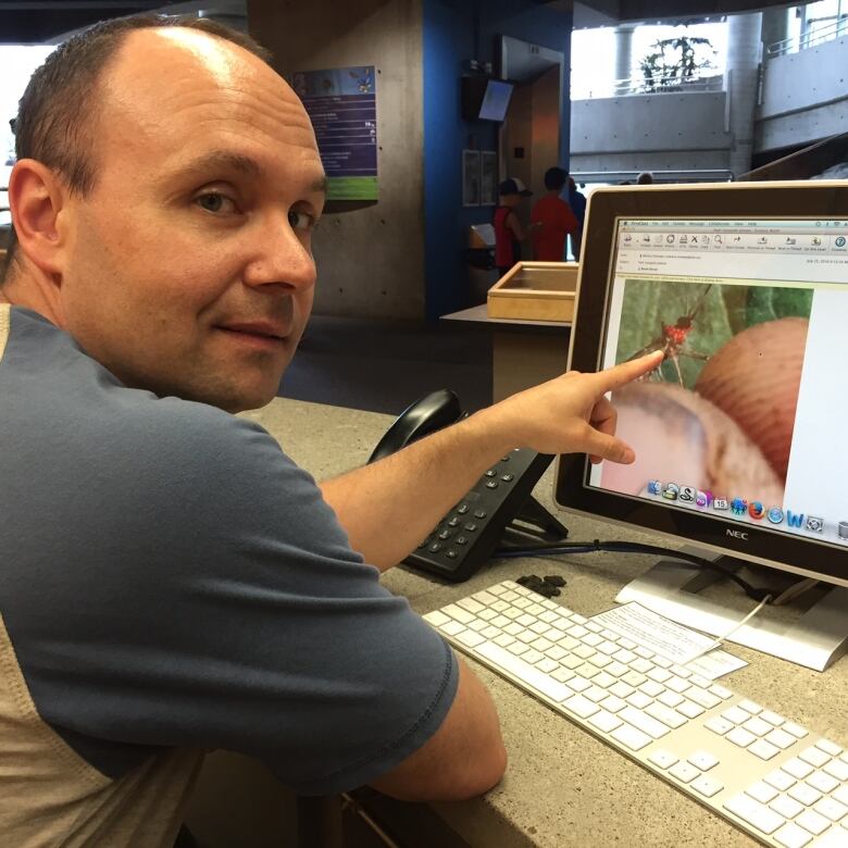 Bruce Doran points to computer screen displaying a large mosquito.