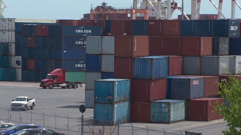 A container pier and vehicles.