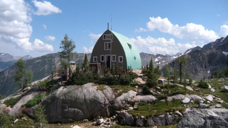 The Conrad Kain Hut stands at an elevation of 2,230 metres in Bugaboo Provincial Park in southeastern British Columbia.