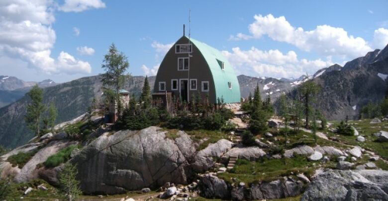 The Conrad Kain Hut stands at an elevation of 2,230 metres in Bugaboo Provincial Park in southeastern British Columbia.