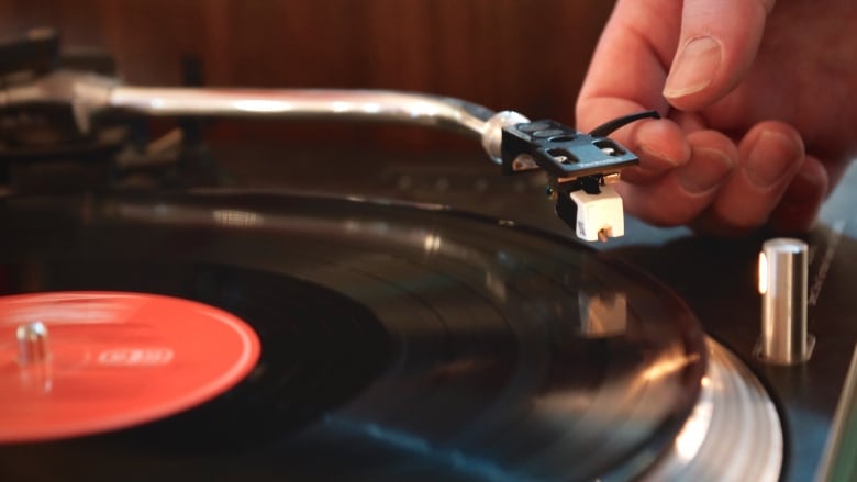 A vinyl record on a turntable