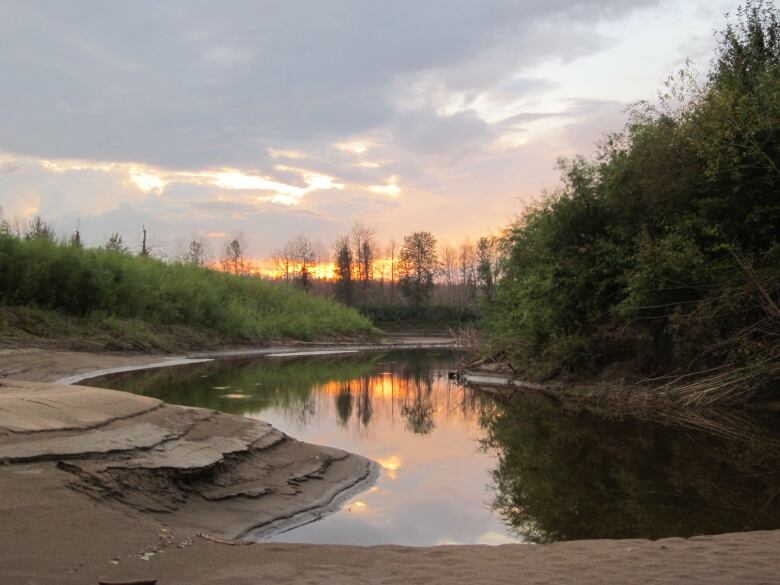 A northern Canadian wilderness scene at sunset, with orange and yellow sunlight reflected in a body of water surrounded by trees.