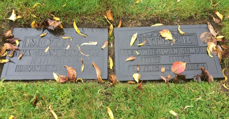 Two tombstones sit in grass.