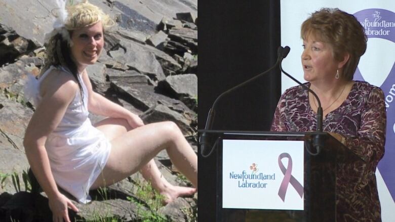 A young woman is pictured in a white dress on the left. An older woman speaks at a podium on the right side. 