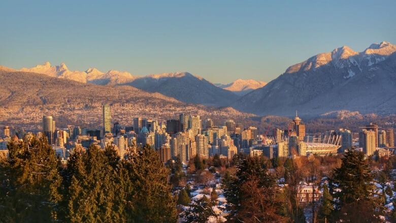 A winter view of Vancouver and North Shore mountains.