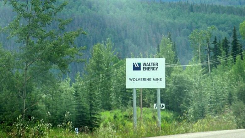 A sign for the Wolverine coal mine, with forest in the background.