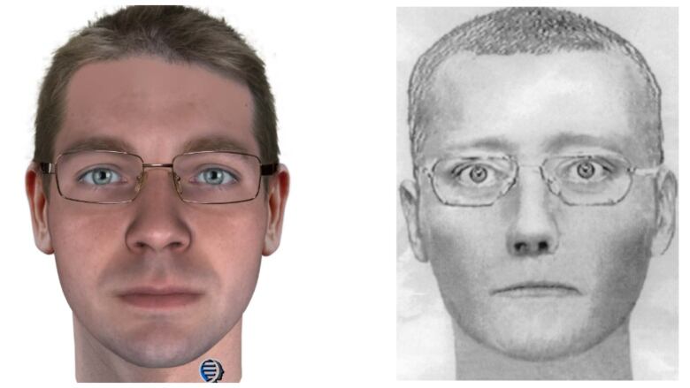 A computer generated sketch of a white man with short brown hair and glasses is next to a black-and-white drawing of a white man with short hair wearing glasses. 