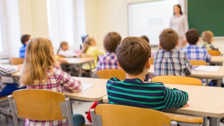 Young kids are seen from the back, sitting in a classroom. At the front of the classroom stands a teacher, whose image is blurred from the distance.