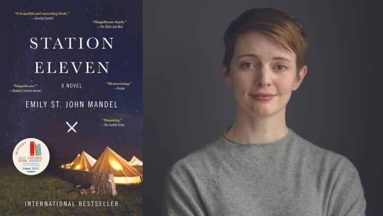 A book cover featuring a series of tents under a starry night sky and the book's author, an elfin woman with short hair looking straight at the camera.