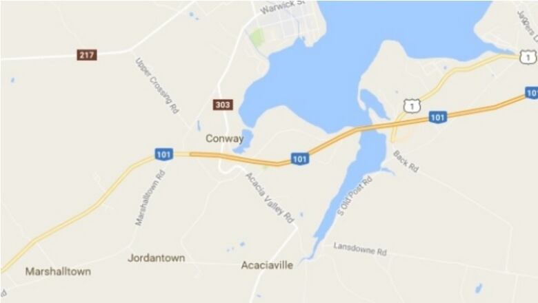 A map showing Marshalltown, Jordantown, Acaciaville and Conway, Nova Scotia