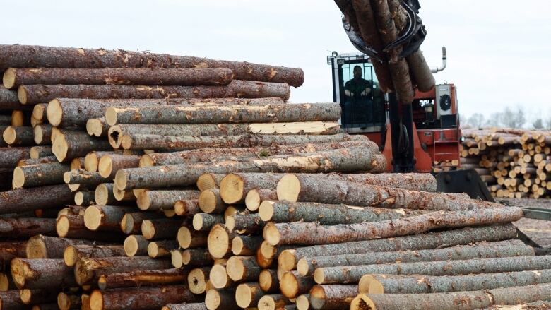 A large pile of logs are stacked in a yard by a heavy-duty vehicle.