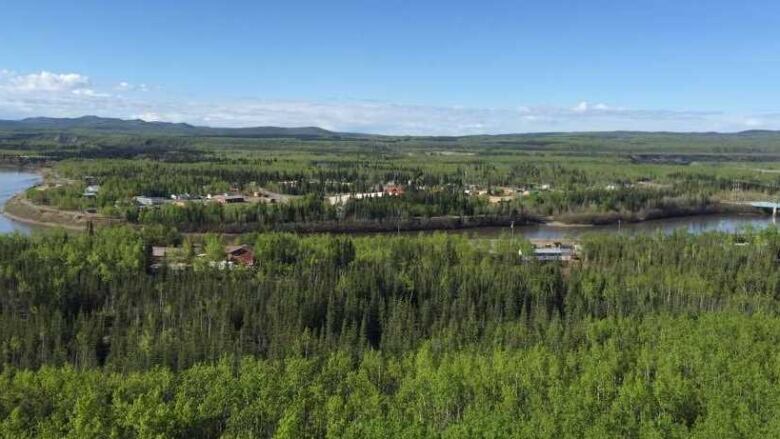 A view of a forested landscape, with a small town beside a river.