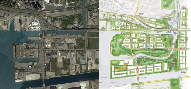 Split screen showing birds-eye view of Port Lands, showing it as industrial prior to construction, with added trails and greenspace post-construction.