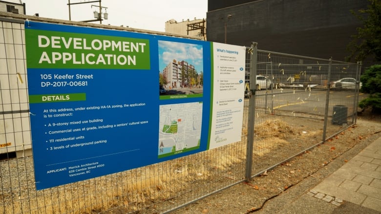 A development sign hangs on a chain link fence surrounding an empty parking lot.