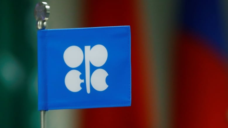 A small, blue paper flag on a wire stick with white letter-like symbols that spell out OPEC.