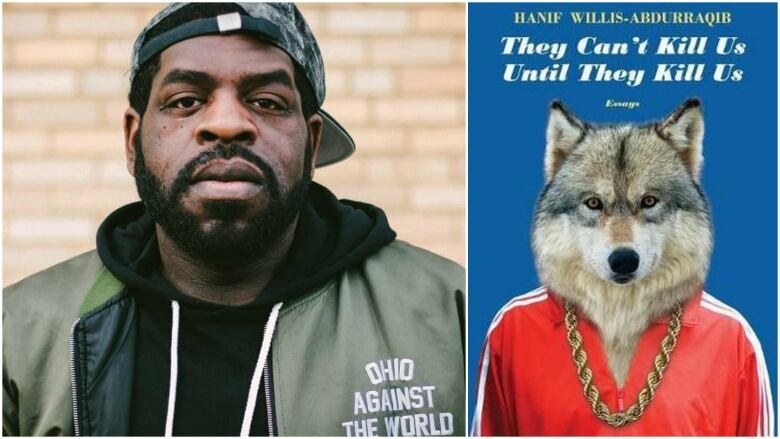 A composite image of a Black man standing beside a book cover featuring a wolf wearing a red tracksuit jacket.