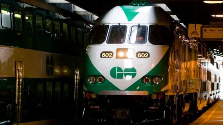 A GO train pulls in to Union Station in Toronto.