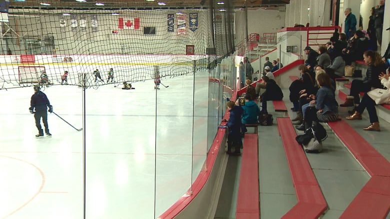 Parents watch their children play hockey.