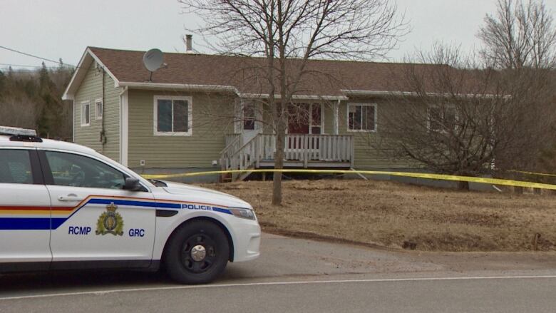 A police car parked in front of a house.