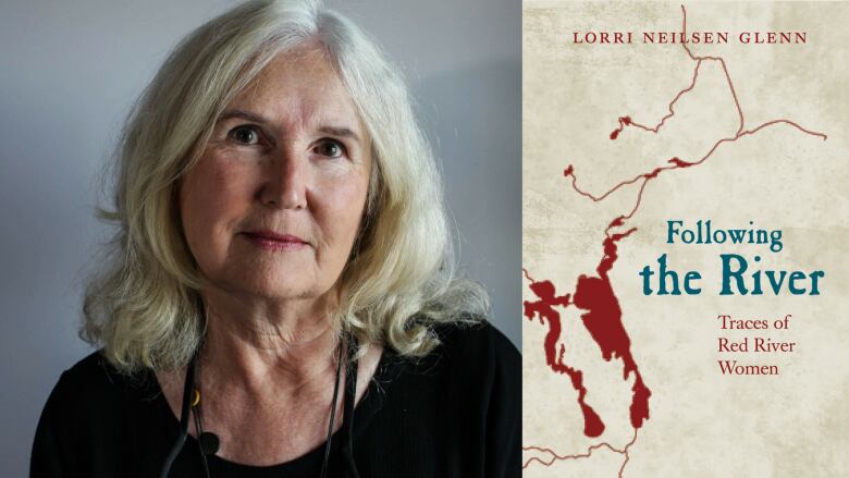 A woman with long white hair and the book cover of a beige map with rivers drawn in red