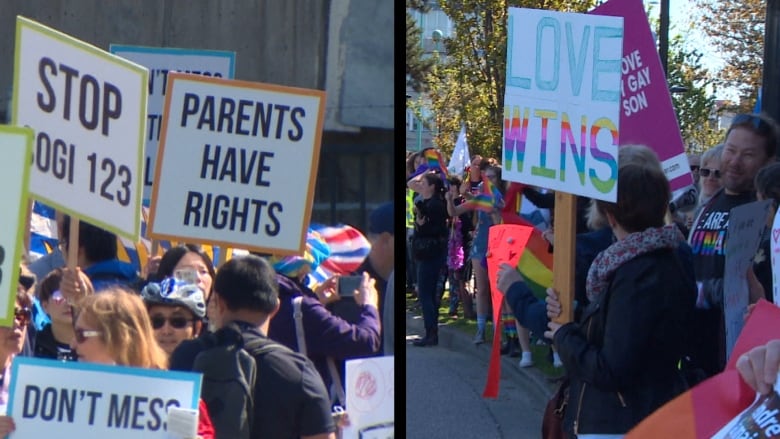 Two groups of people square off with signs. One group's says in rainbow colours, Love Wins. Another group's says Parents Have Rights.