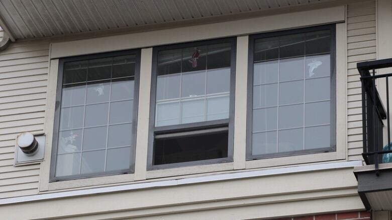 A three-pane window of a modern house, with the middle pane a quarter of the way open from the bottom. 