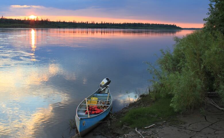 A canoe on a lake.