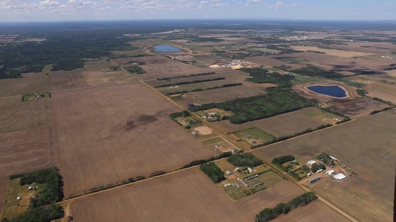 Aerial view of a small community surrounded by farmland.