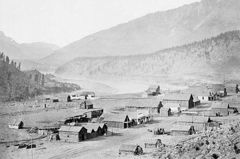 A black and white photo of small wood homes along a street.