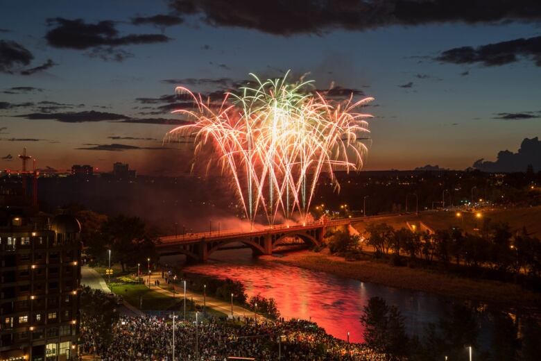 A fireworks display over a bridge in Calgary. 