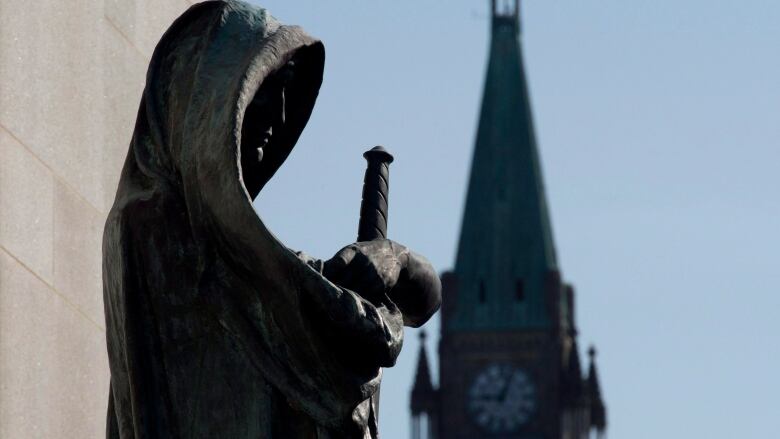 Ivstitia (Justice) guards the entrance of the Supreme Court of Canada as the Peace tower is seen in the background in this file photo.