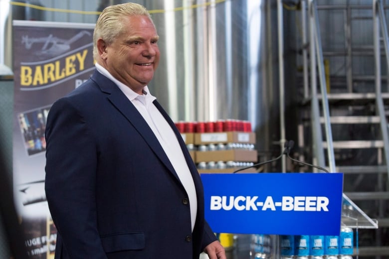 Ontario Premier Doug Ford is pictured at a brewery, beside a placard that reads 