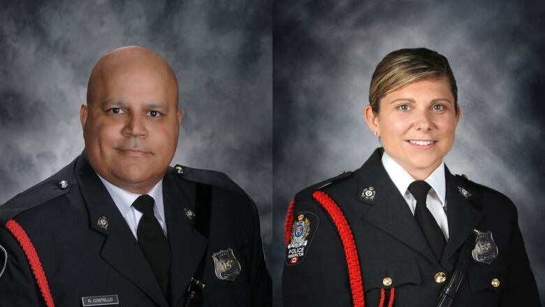 Side by side photos of a policeman and woman in dress uniforms.