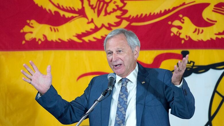 Premier Blaine Higgs speaks in front of a flag of New Brunswick.