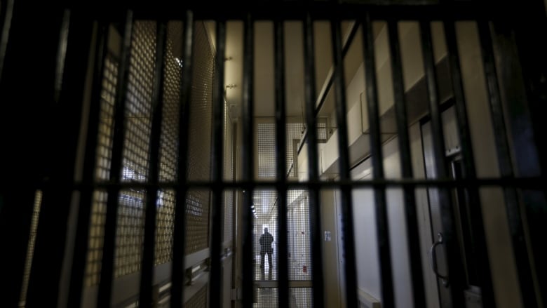 Prison bars are shown with a figure out a person in the distance.